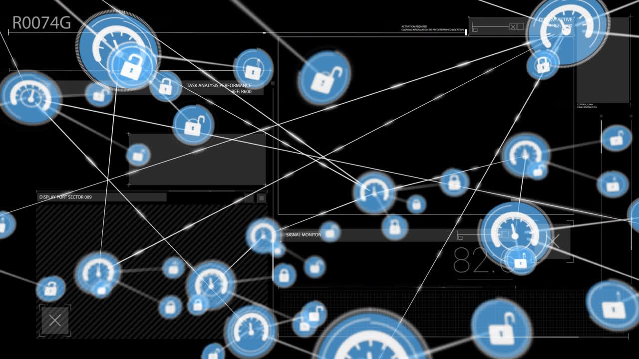 Animation of network of digital icons over interface with data processing against black background