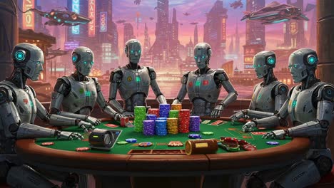 futuristic robots engaged in a high-stakes poker game surrounded by a vibrant cityscape with flying vehicles and neon lights