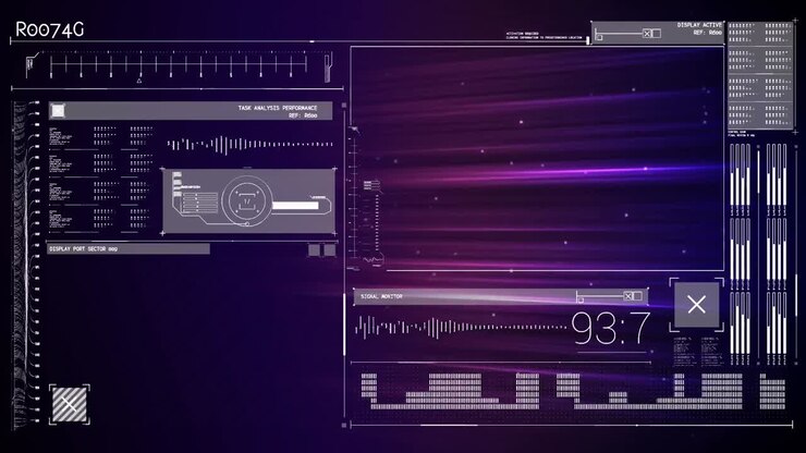 Animation of numbers changing and data processing on purple screens in background