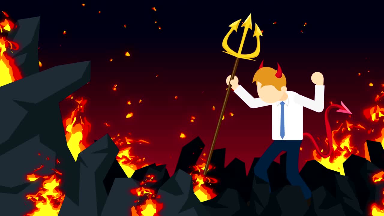 지옥에서 날아다니는 만화 악마, 불타는 야생에서 비즈니스 캐릭터, 할로윈, 코스플레이, 루프 무서운 애니메이션