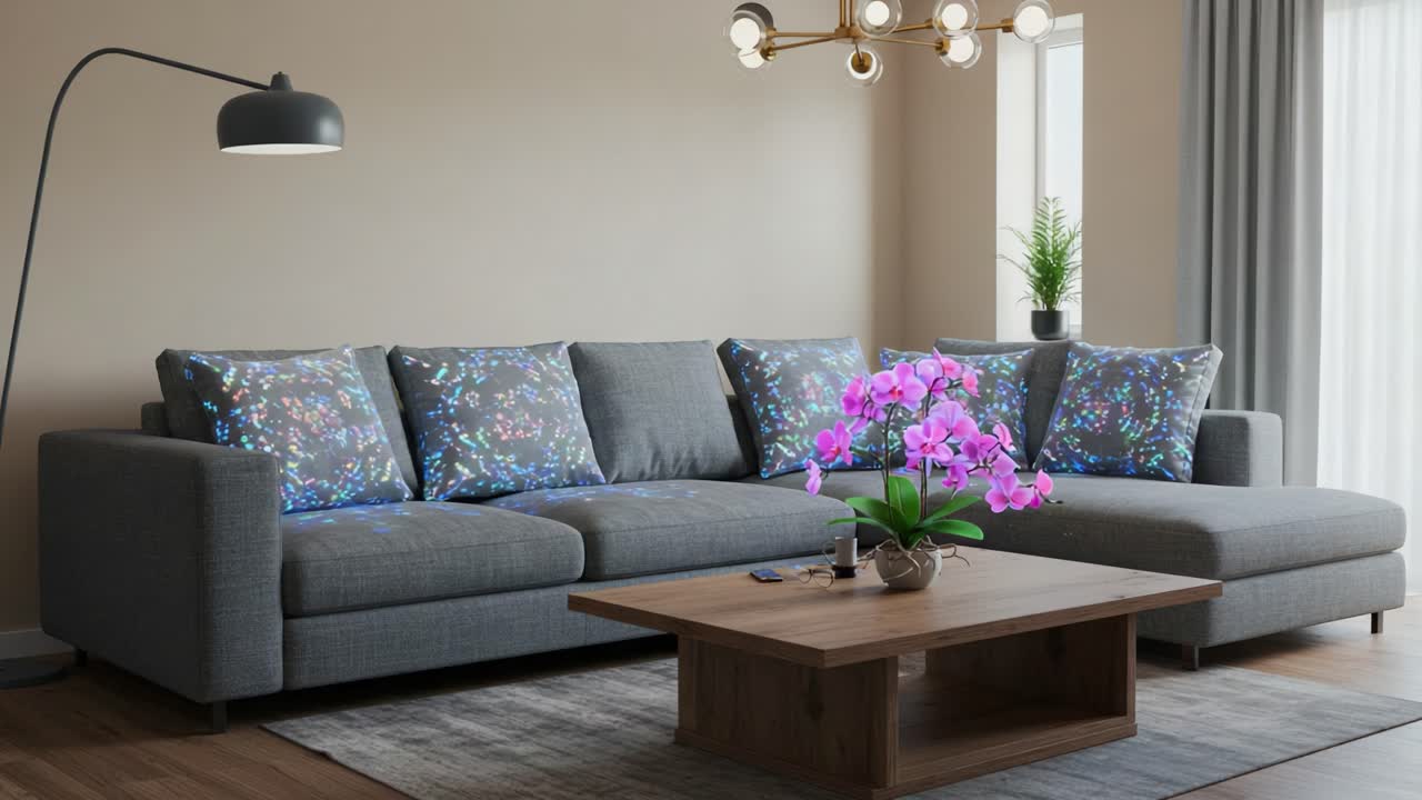 Contemporary Living Room Design Featuring Stylish Grey Sofa with Floral-Patterned Cushions and Elegant Coffee Table Surrounded by Modern Decor