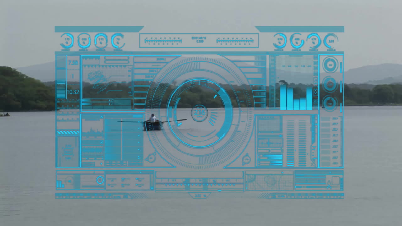 Futuristic interface animation over serene lake with boat and distant trees