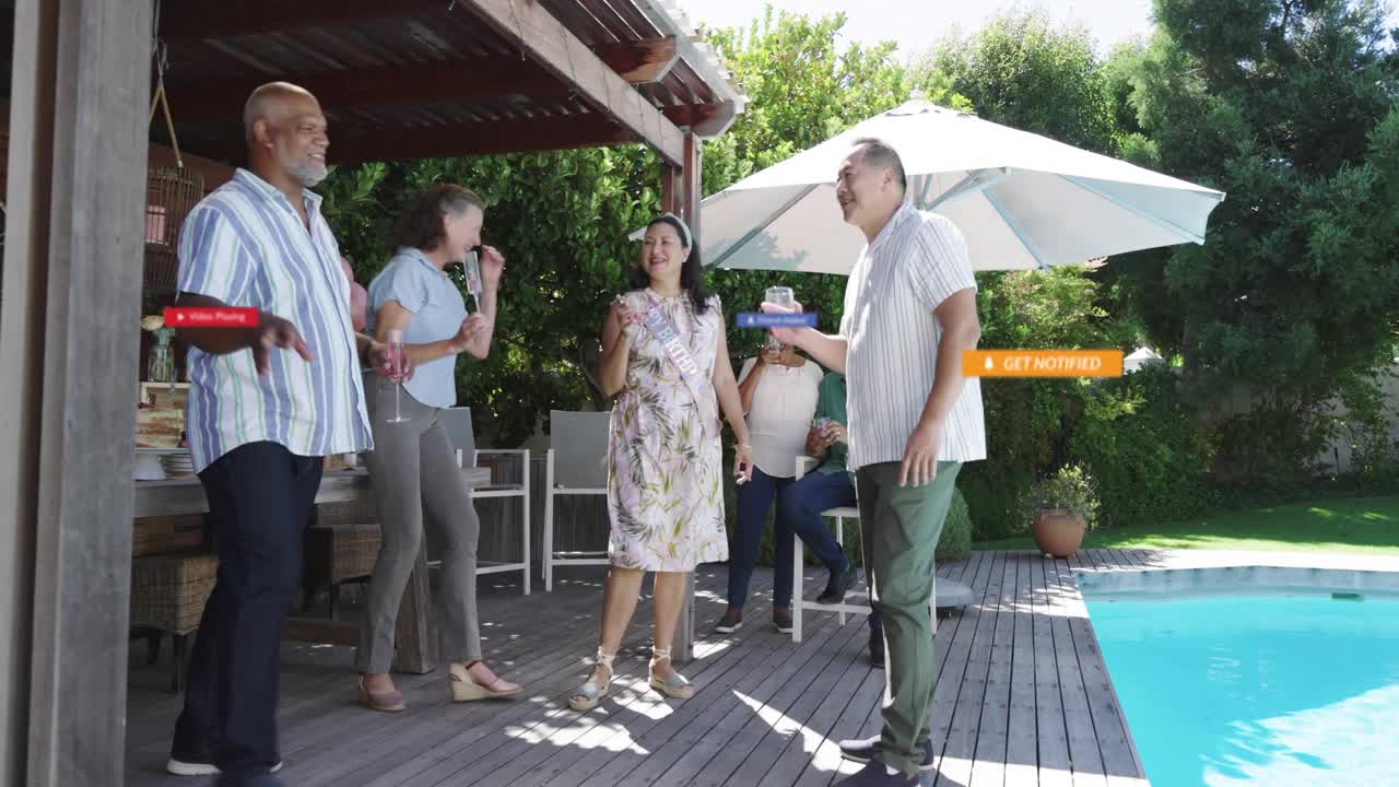 Group talking on deck center woman stepping causing floating callouts overlaying group cheering ads