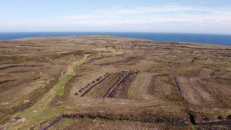 Dynamic-drone-shot-of-a-natural-peat-land,-containing-peat-banks-used-for-cutting-peat-for-fuel