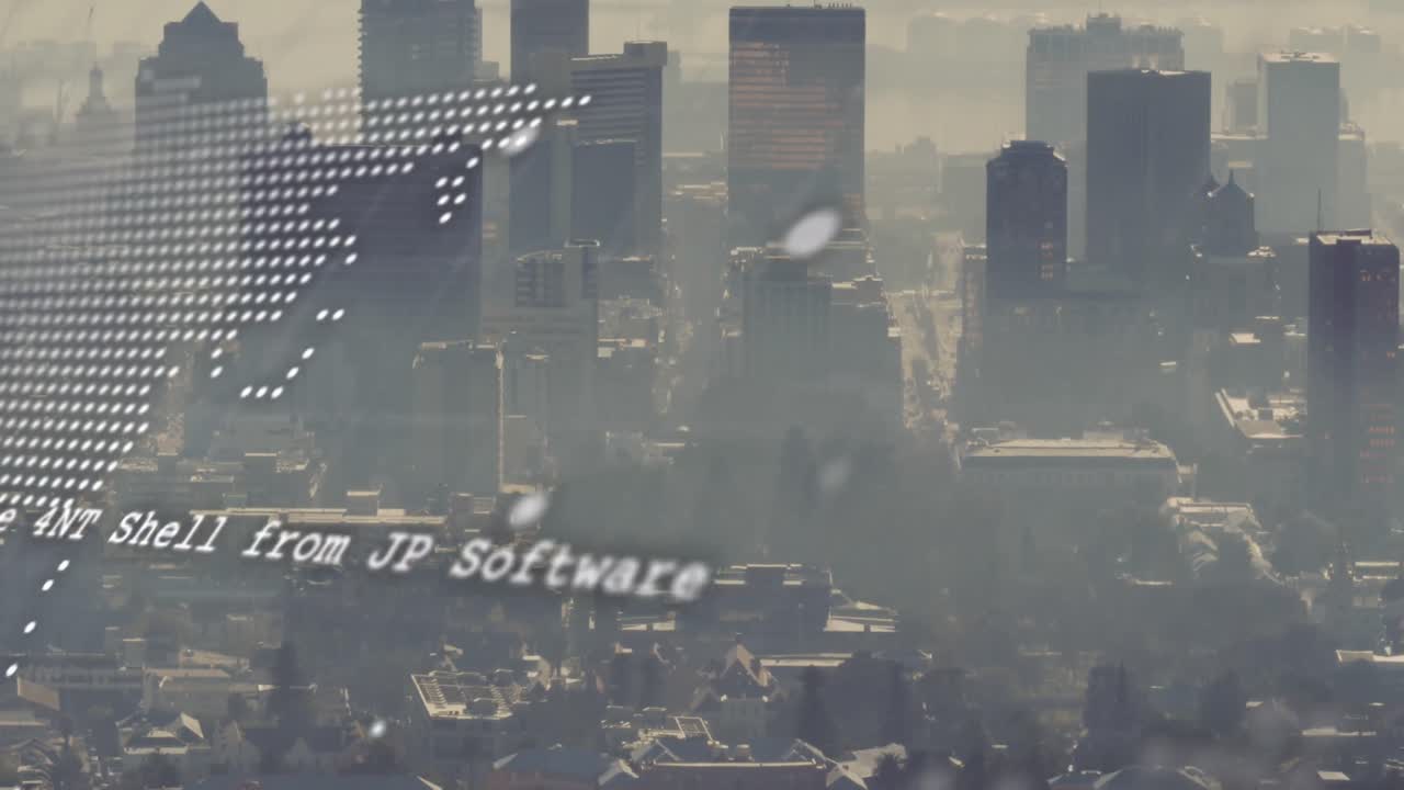 도시 풍경 위의 세계 지도 및 금융 데이터 처리의 애니메이션