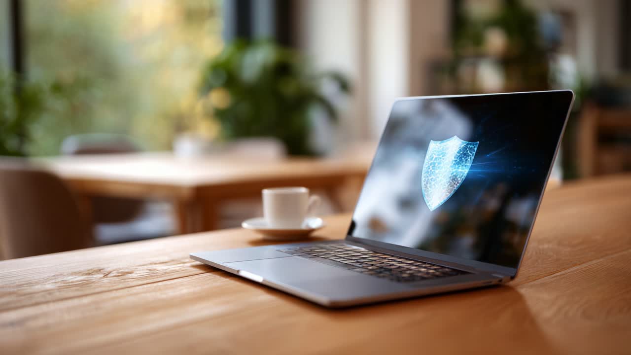 Un elegante portatile con un'icona a forma di scudo luminoso che simboleggia la sicurezza digitale, esposto su un tavolo di legno con una tazza di caffè in un ambiente moderno e ben illuminato