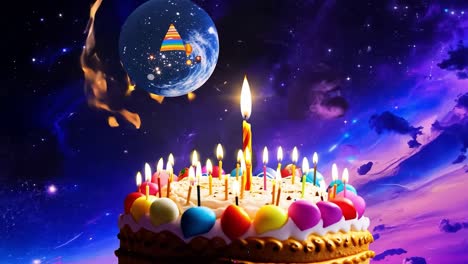 pastel de cumpleaños en el espacio