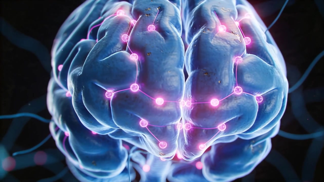 Orbiting camera revealing 3D brain model rotating in dark studio void, showing network dynamics
