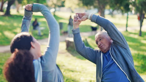 stretching, wellness and senior man in park