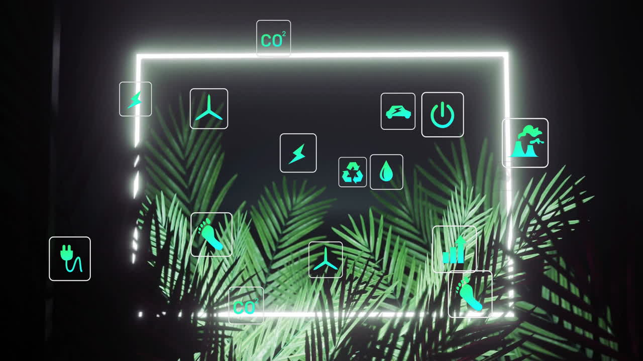Animation of neon green energy icons floating over tropical palm leaves in darkness