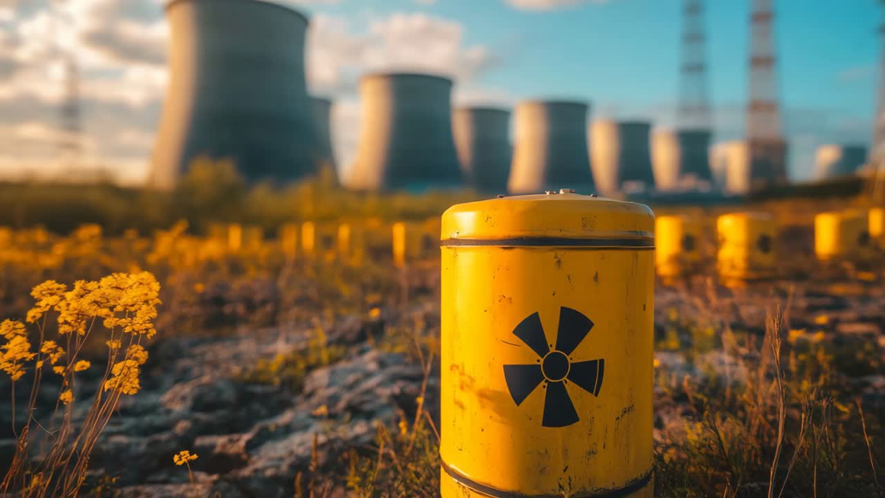 방사능 경고 표지판이 있는 원자력 발전소