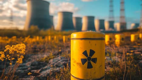 nuclear power plant with radioactive warning signs