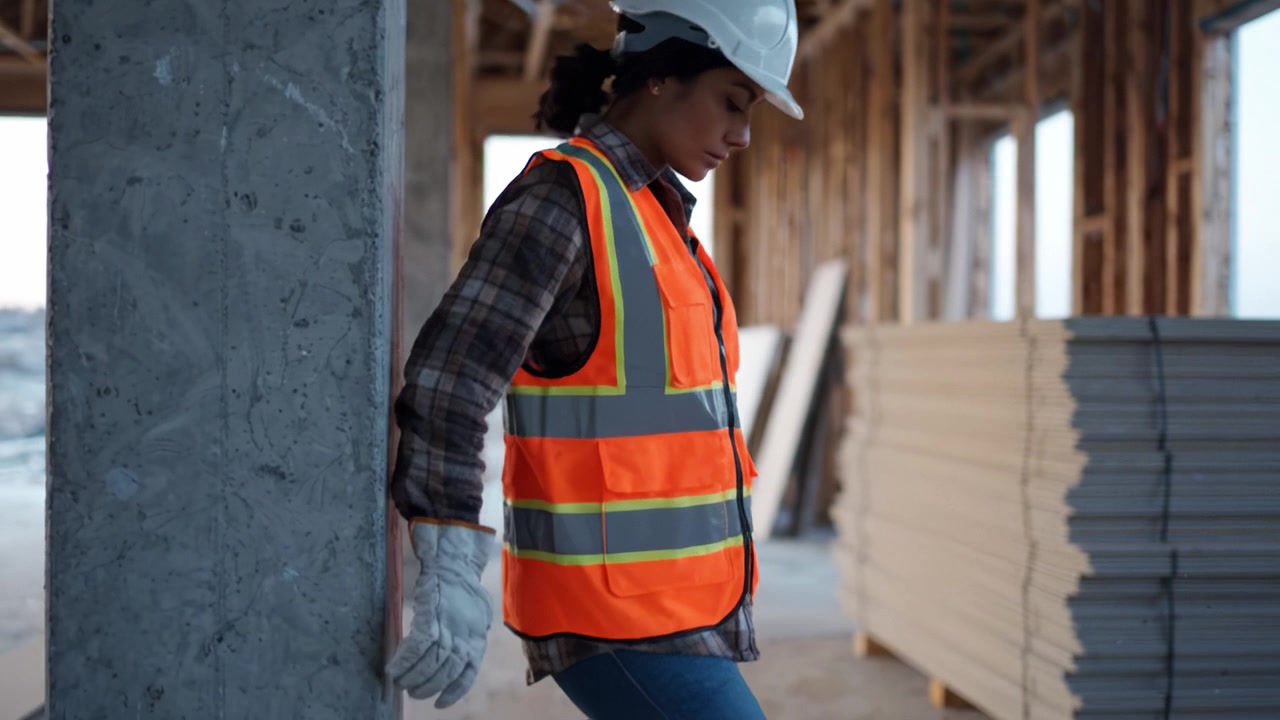 A hardworking construction worker in a bright safety vest and helmet stands confidently on a job site, ready to tackle the day's challenges with determination and skill.