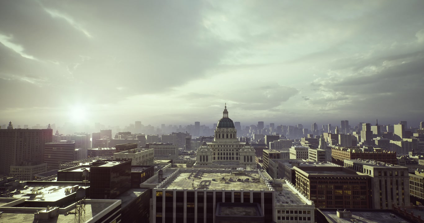 Elevated perspective showing vibrant downtown with clear sky and sharp shadows