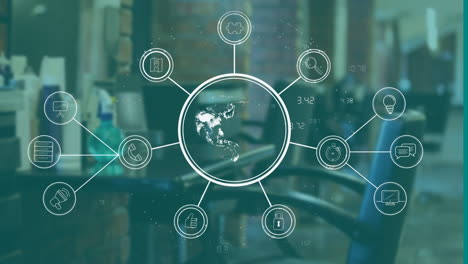 red de iconos interconectados y animación de procesamiento de datos en el fondo de la oficina