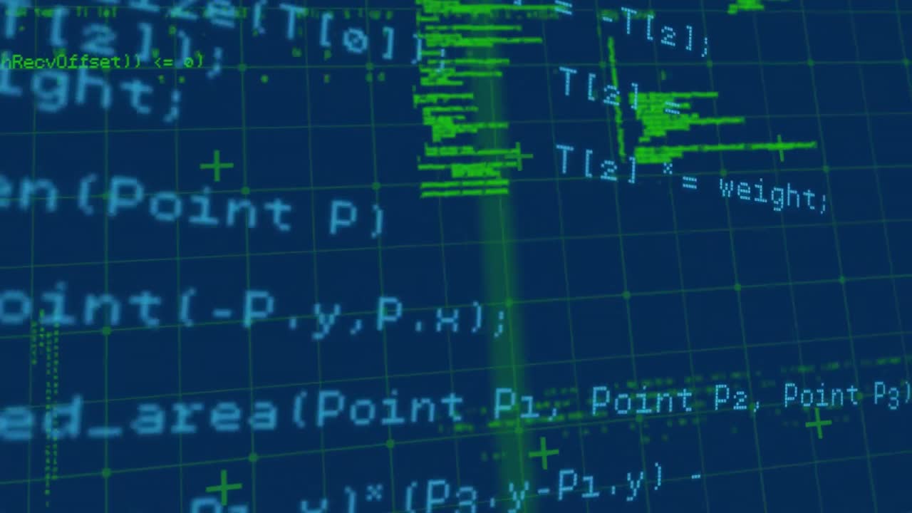 파란색 배경에 있는 그리드 위의 데이터 처리 애니메이션