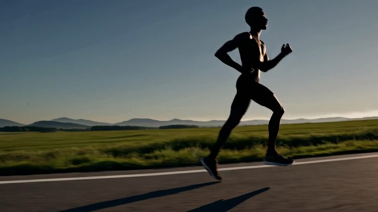 Silhouette of a runner on a road at sunset, captured from a low-angle