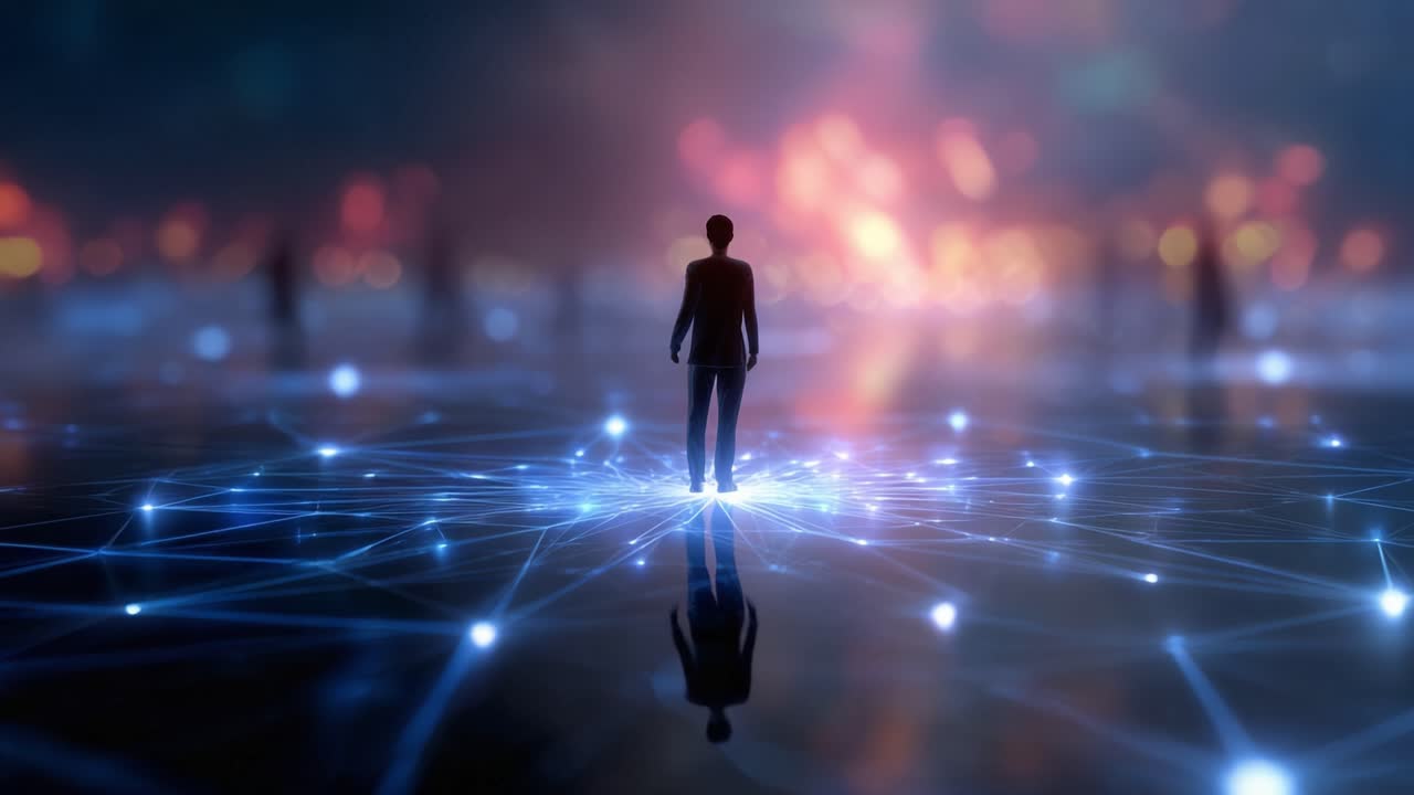 Uma Figura Solitária de Pé no Meio de uma Rede de Luz e Cor, Refletindo o Reino da Conectividade e dos Domínios Digitais numa Atmosfera Misteriosa
