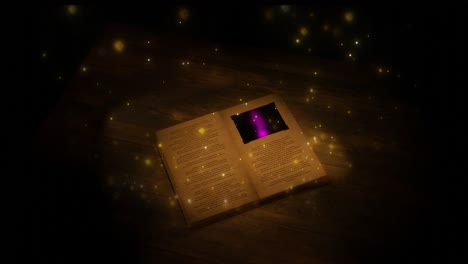 spell book turning page with flying mystical dust particles