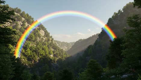 a breathtaking scene of nature: a vibrant rainbow arching over a lush green valley surrounded by majestic mountains and sunlit trees captured in tranquil splendor