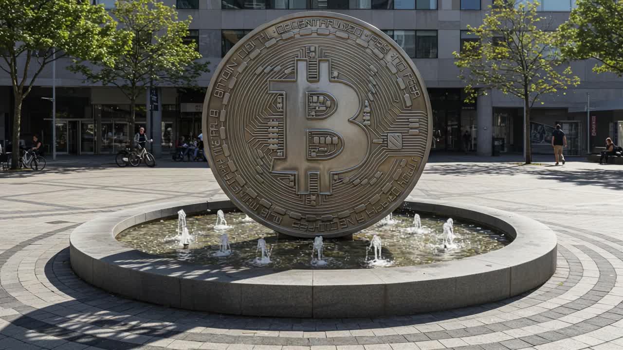 A Magnificent Bitcoin Sculpture Surrounded by a Tranquil Fountain, Capturing the Essence of Cryptocurrency in a Modern Urban Setting