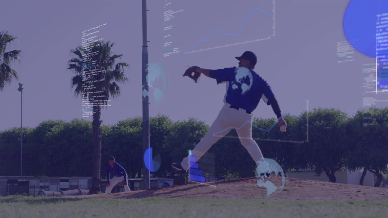 Pitcher executing windup on field, showcasing sports analytics and animated pitch trajectory