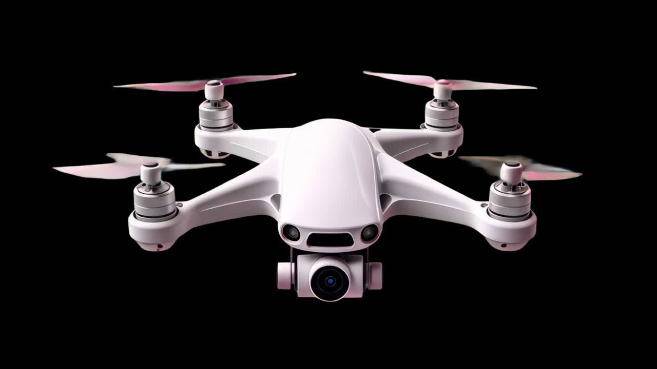 Sleek drone with camera animation isolated asset, transparent 4K video, alpha channel, ProRes 4444