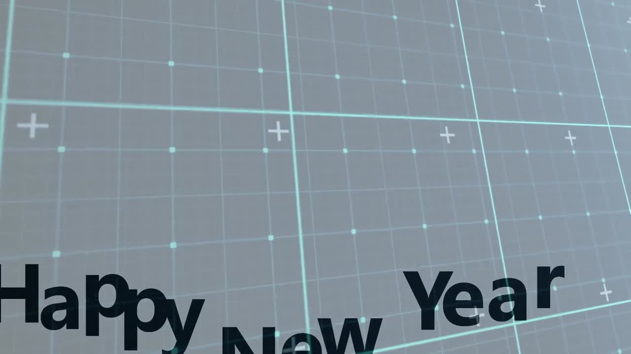 Animation of happy new year over moving checked screen