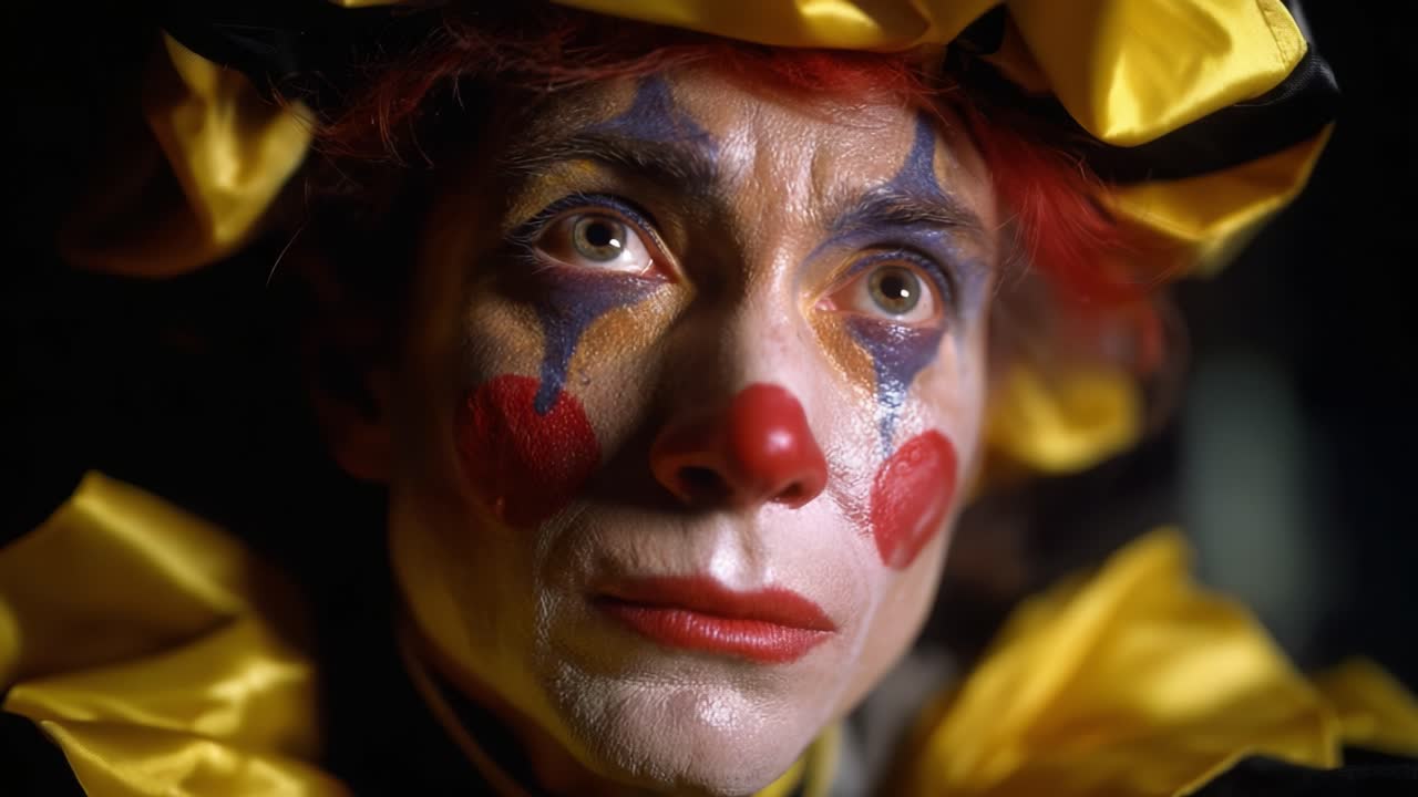 Emotional close-up of a clown with painted face and colorful costume, expressing deep feelings through eyes and makeup, capturing a poignant moment in performance art