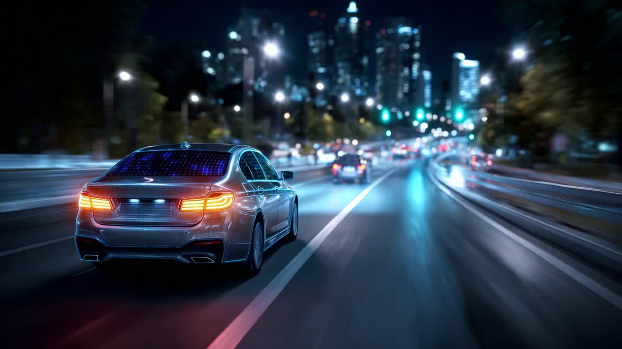 A Stylish Nighttime Drive of a Sleek Car on a City Road Surrounded by Bright Lights and Skyscrapers, Capturing Urban Life's Movement and Energy