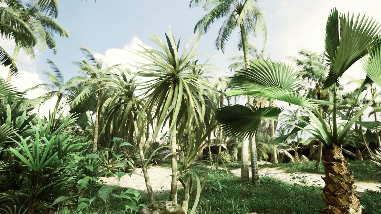 Vibrant tropical landscape filled with lush greenery and palm trees