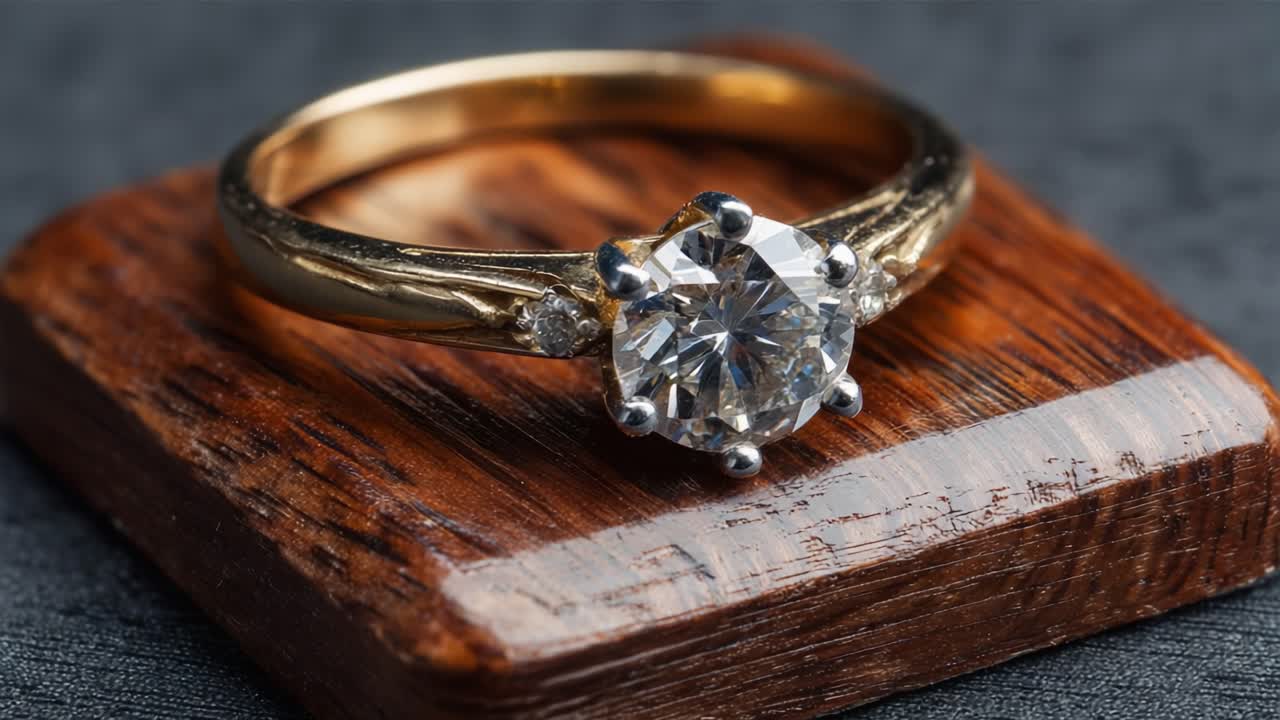 Un Primo Piano Squisito di un Anello di Fidanzamento con Diamante, con una Pietra Centrale Taglio Brillante Rotondo, incastonato su una fascia d'oro intramontabile, appoggiato su un espositore di legno texturizzato.