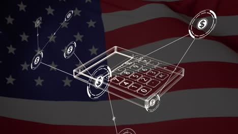 Animation-of-dollar-symbol-and-calculator-over-flag-of-usa