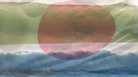 animation of flag of japan blowing over wave in sea