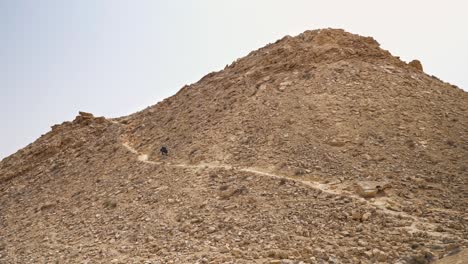 hiker climbing trail to peak of mount ramon on a sunny day in the negev desert, israel