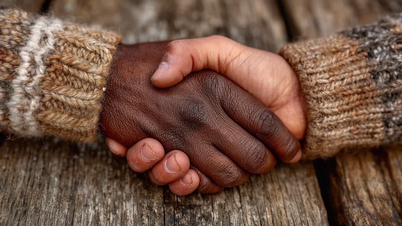 An Intimate Moment of Connection: Two Hands Escaping the Isolation, Coming Together in an Elegant Bold Gesture of Unity and Understanding on a Rustic Surface