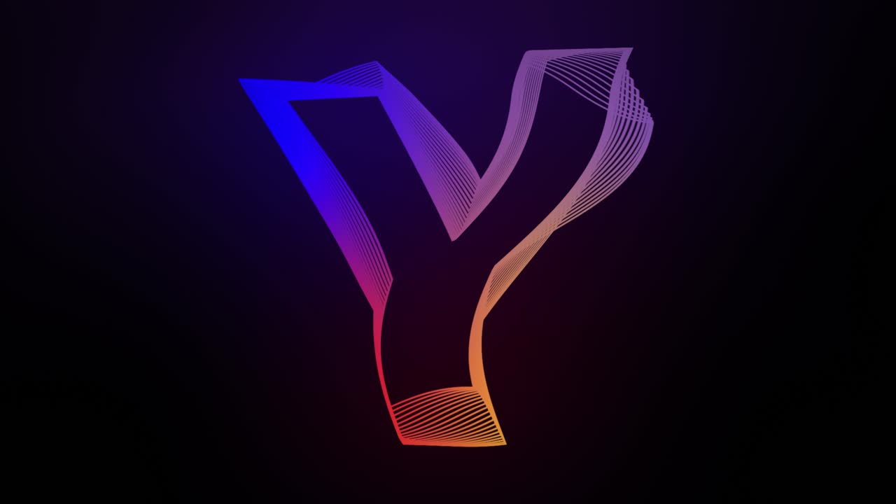 3d letra y líneas giratorias animación en fondo de gradiente oscuro abstracto gráfico de movimiento dinámico tipografía de brillo de partículas efecto visual arco iris alfabeto digital