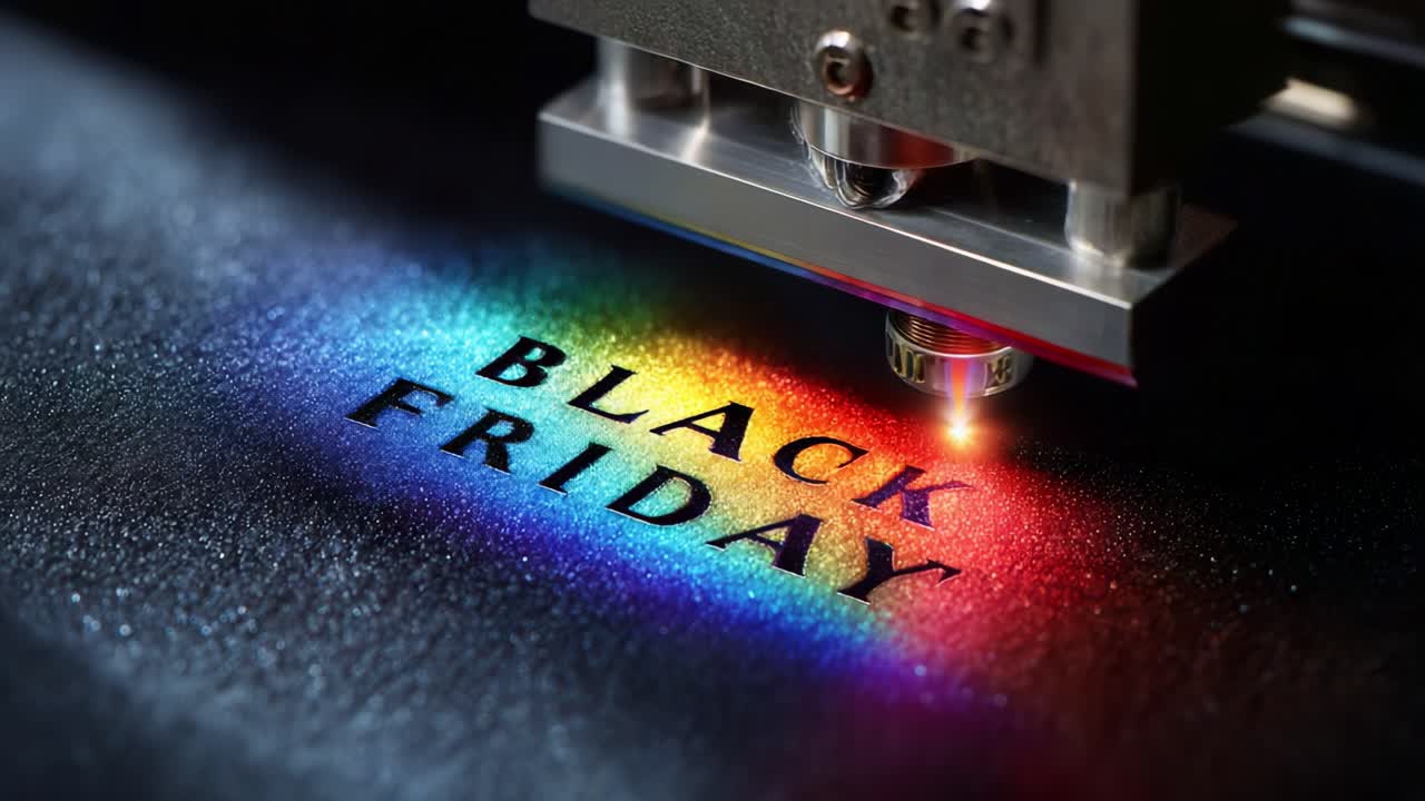 Captivating Laser Technology Illuminates the Bold 'Black Friday' Text on Luxurious Leather Surface, Showcasing Artistry and Innovation in Modern Branding