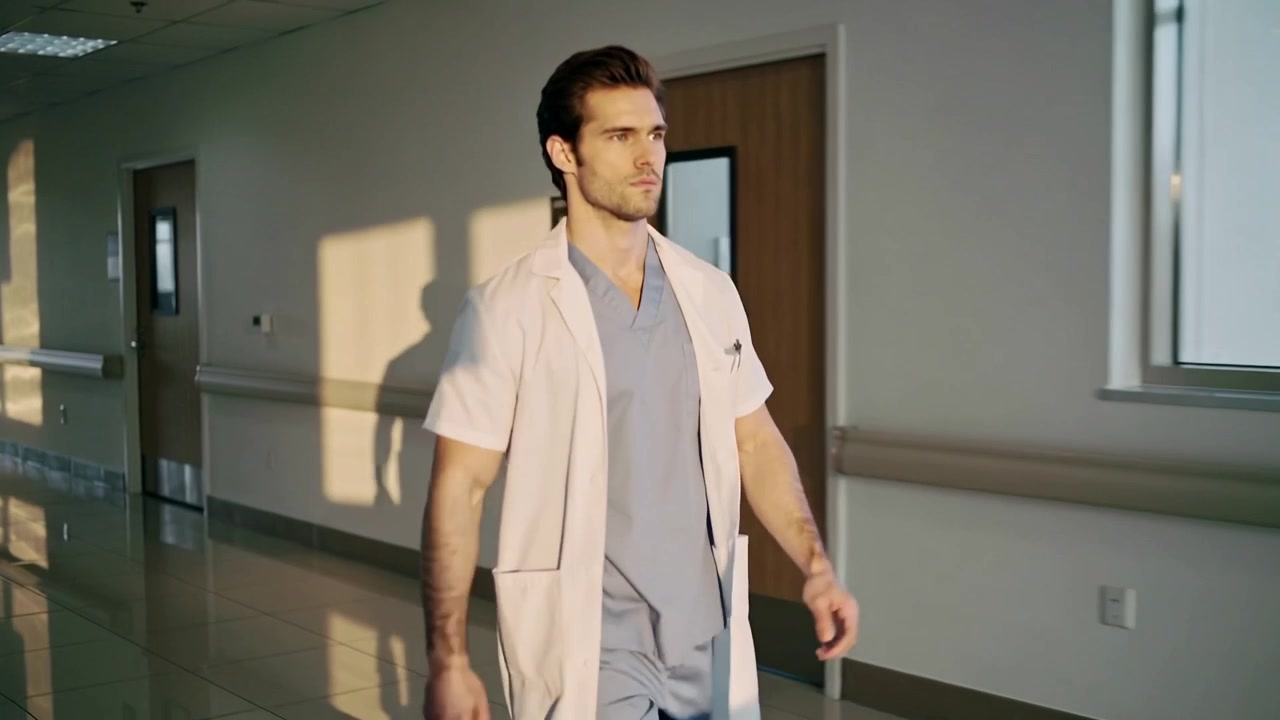 Un medico che cammina entra da sinistra, dirigendosi lungo un corridoio d'ospedale in divisa medica e camice, con penne visibili.