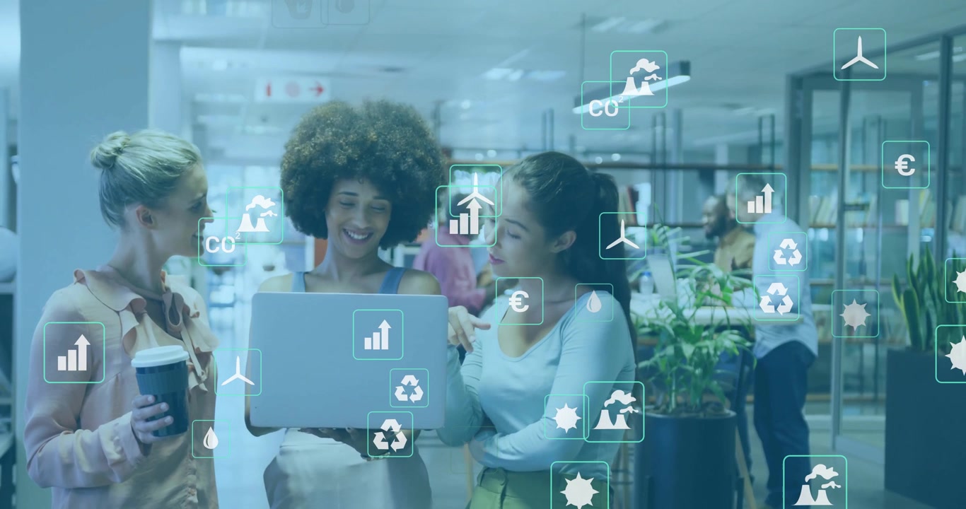 Team lifting laptop as digital CO? and solar icons appearing, reviewing sustainability metrics