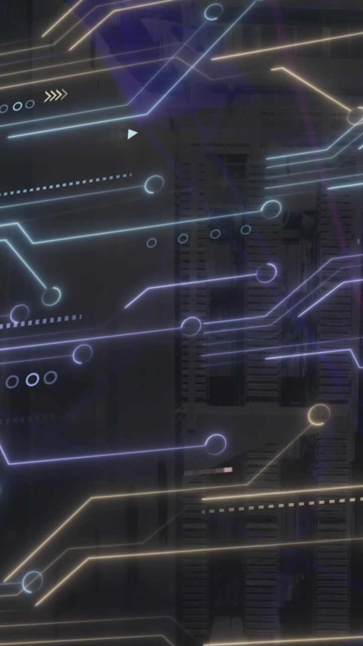 Animation of light trails over microprocessor connections and plexus networks against server room
