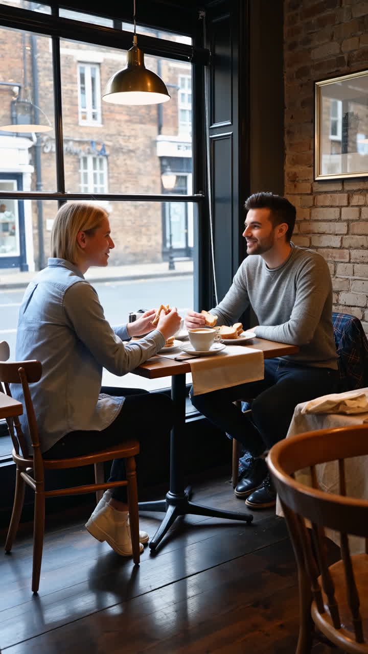 Couple dining and conversing in a cozy cafe by the window