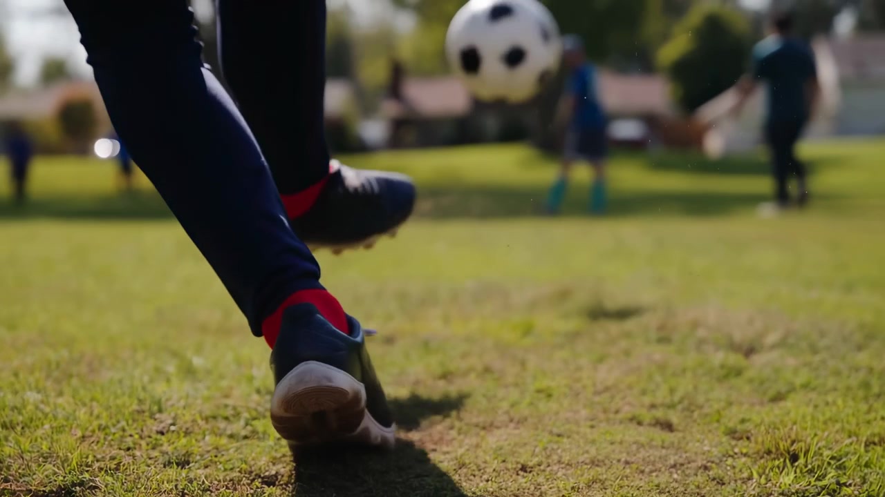 Nærbillede af fødder, der dribler fodbold, solrig træning i parken, ung spiller kontrollerer bolden med fodboldstøvler, lav vinkel