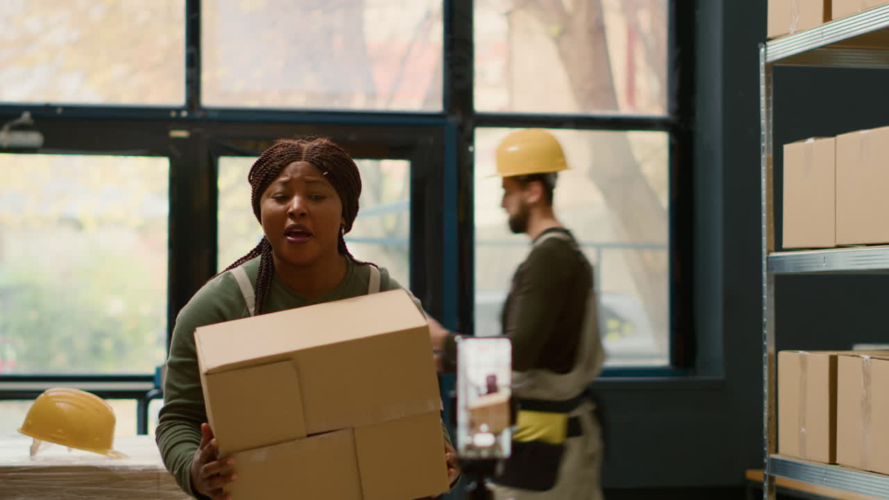 Woman Working in Warehouse Packing Boxes