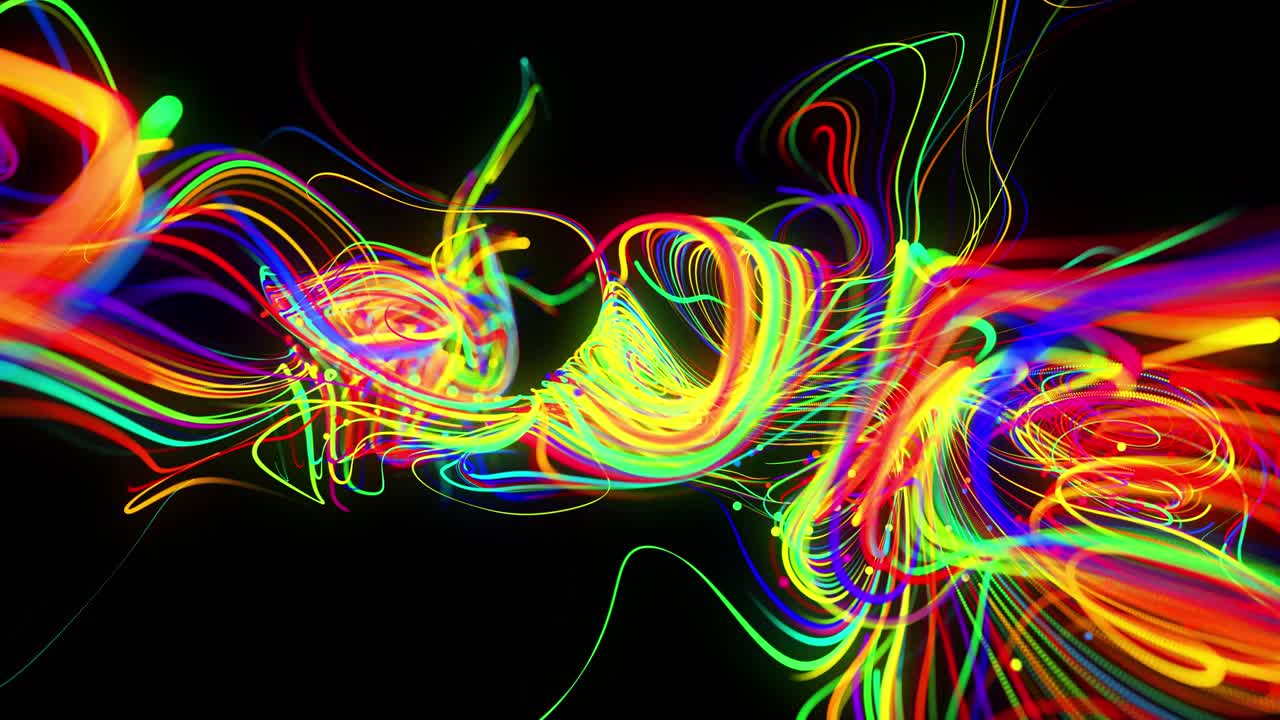 el flujo de fondo abstracto de las líneas de brillo. las partículas de luces en funcionamiento se forman en el espacio 3d brillando hermosas líneas curvas como una bola de cables quemándose con luz de neón. hermoso fondo creativo en bucle en 4k.