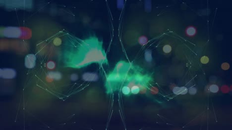 animación de la red de conexiones sobre el paisaje urbano por la noche