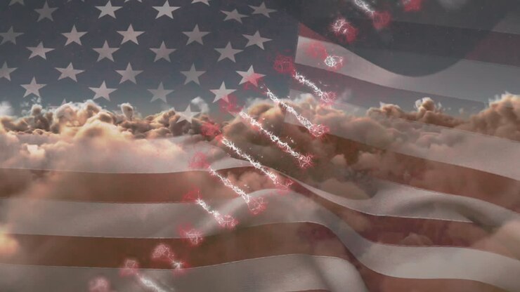Animation of dna strand rotating over american flag and cloudy sky