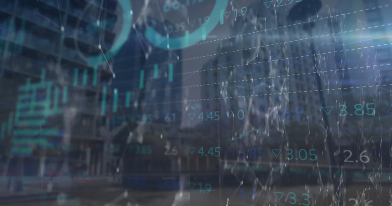 Animazione di scansione e elaborazione di dati finanziari su un paesaggio urbano