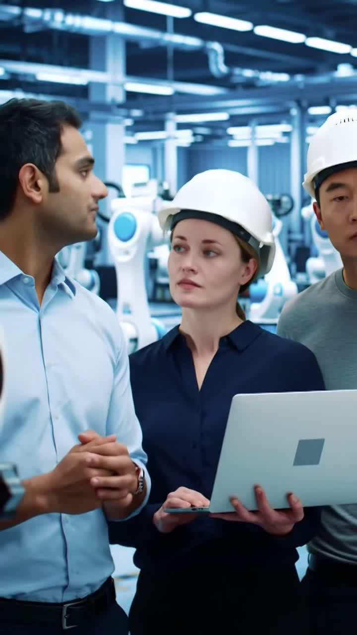A diverse team of engineers, including a woman in a hardhat, collaborates using a laptop