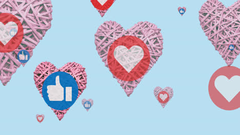 animation of media icons and hearts over blue background